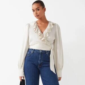 OTHER STORIES Ruffle Neck Wrap Blouse Ivory Soft Satin Size 0 NWT